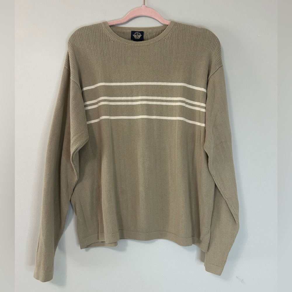 Vintage Dockers Men's Tan Crewneck Sweater with White Stripes, Size L